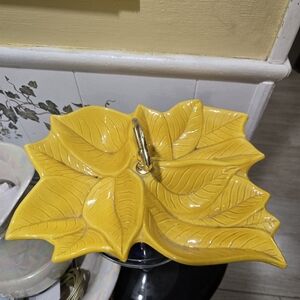 Vintage Mid Century Yellow Leaf Shaped Ceramic Double Snack Decorative Tray